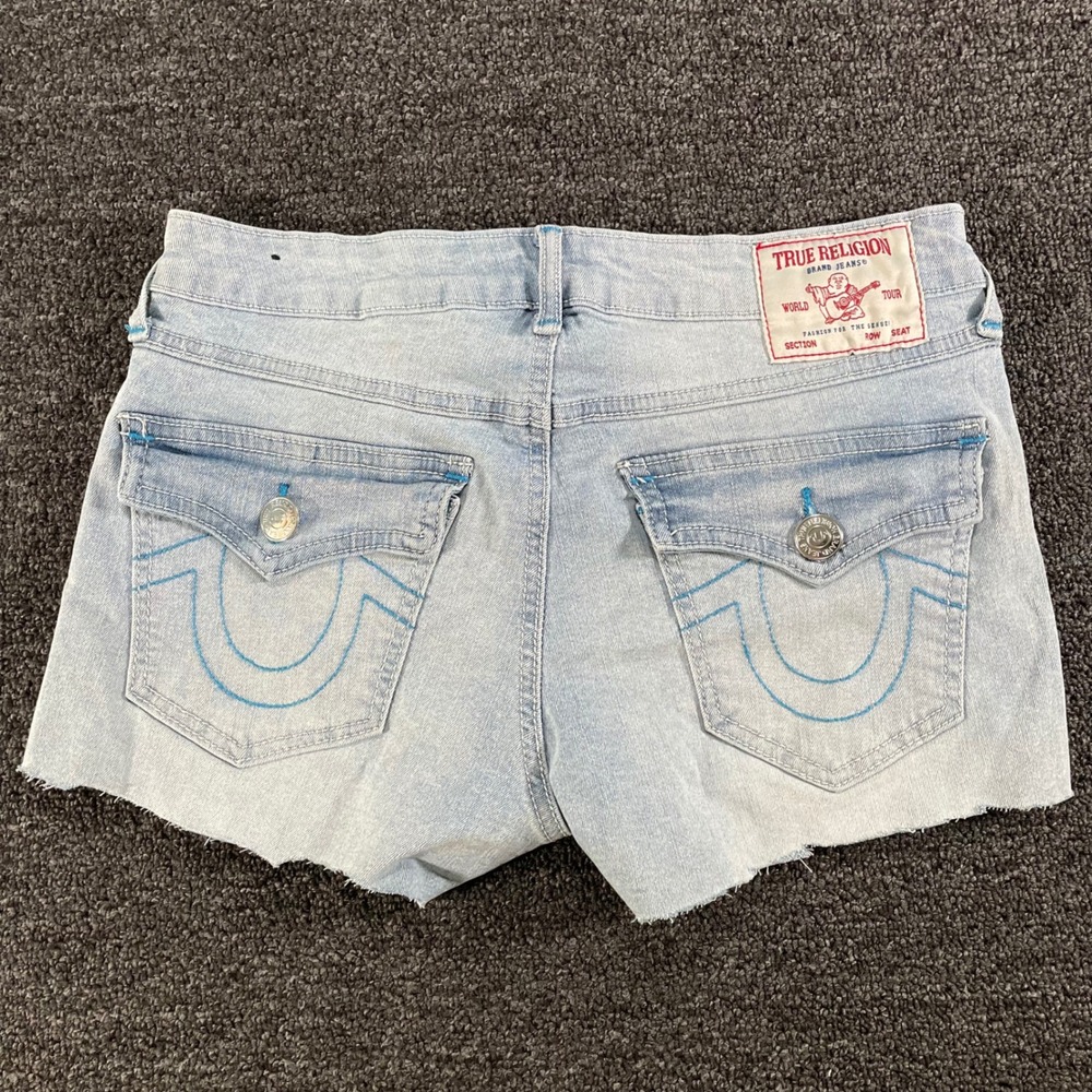 True Religion Jayde Denim Shorts Womens 27 Light Blue Good Flap Pocket Cut Off